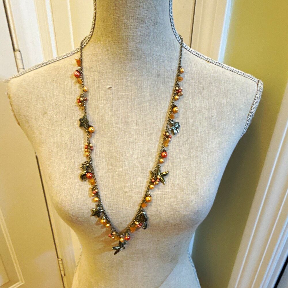 SILVER TONE BEACH NAUTICAL CHARM NECKLACE PINK/PEACH IMITATION PEARLS